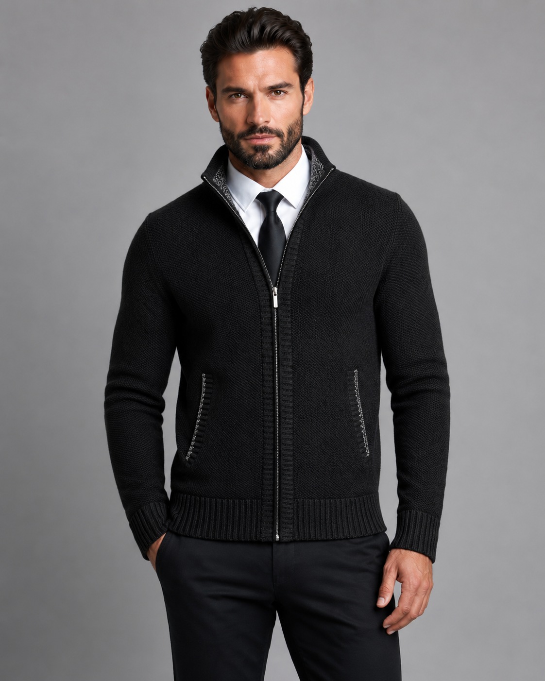 Men's Funnel Neck Zip Sweater - Textured Knit