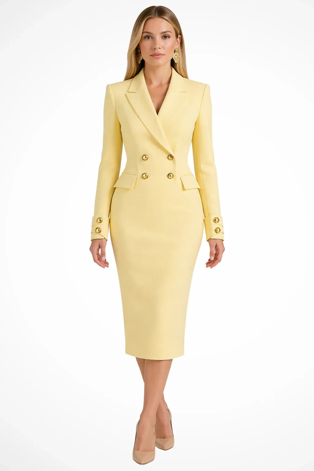 Women's Longline Blazer Occasion Midi Dress with Double Breasted Closure and Buttons