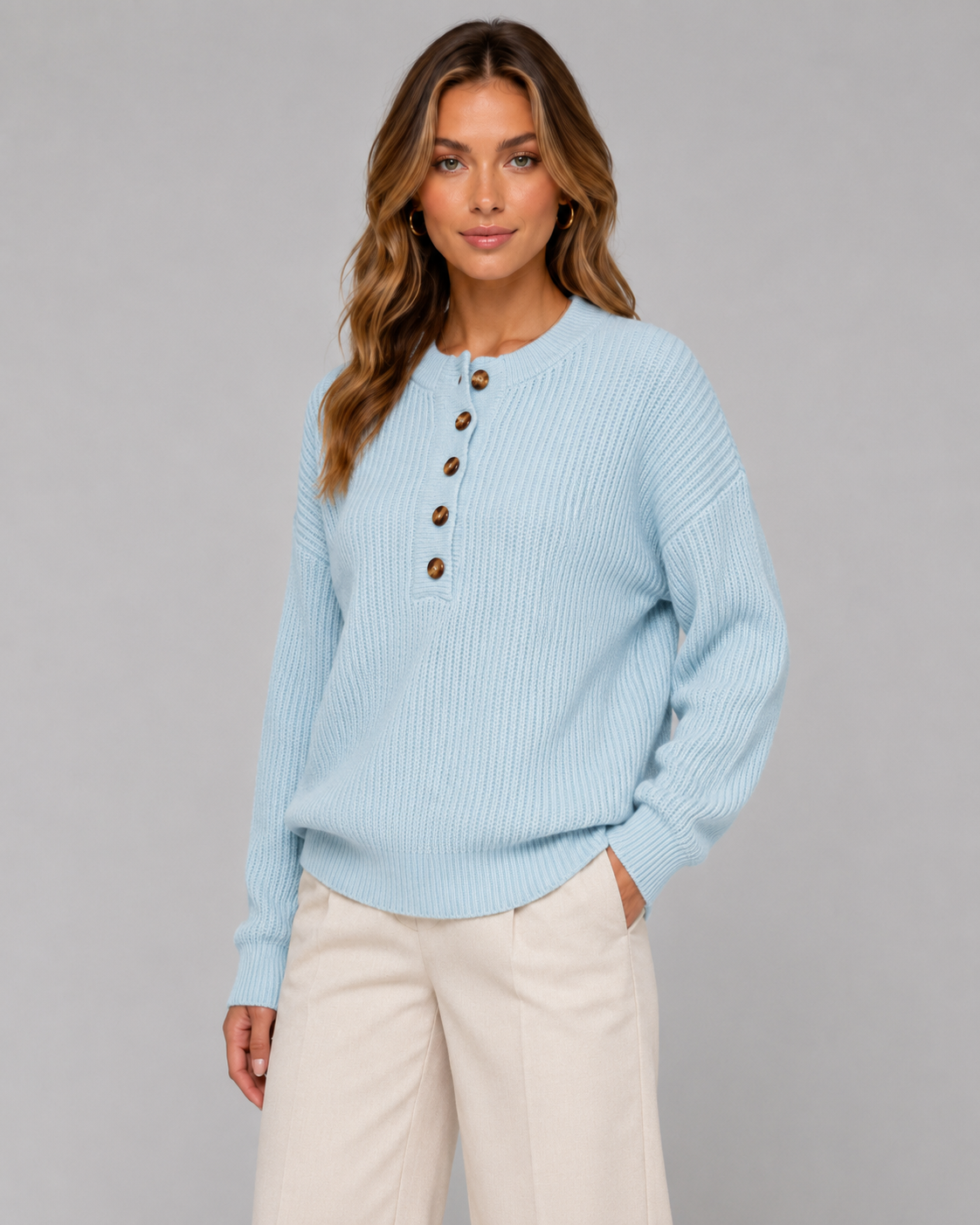 Ribbed Henley Sweater for Women with Button Placket