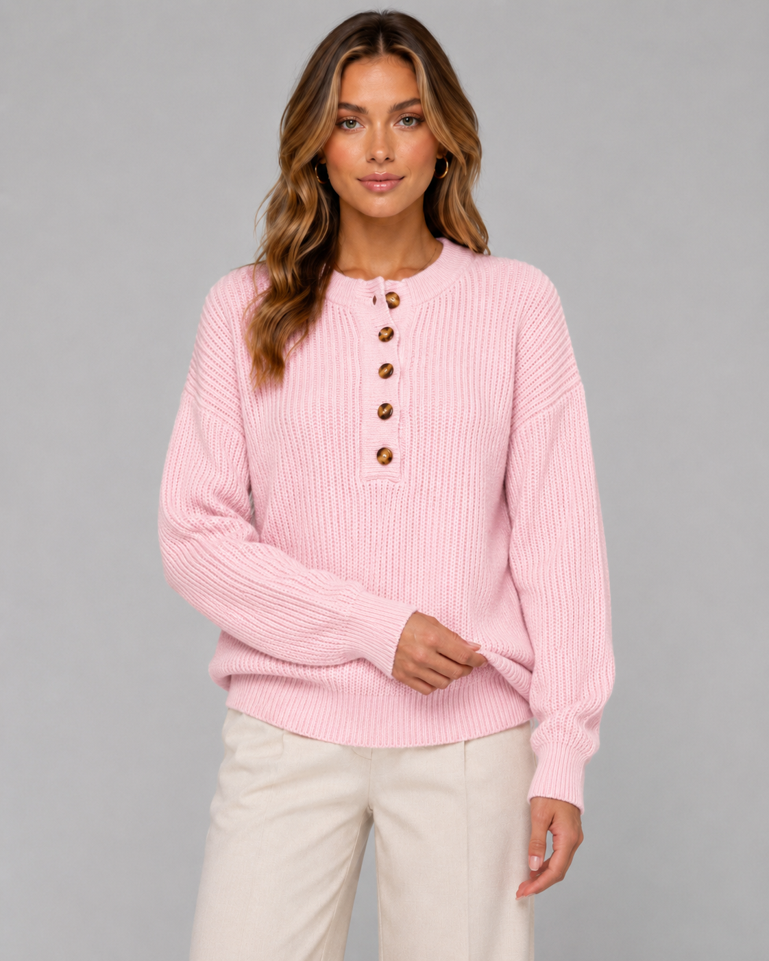 Ribbed Henley Sweater for Women with Button Placket