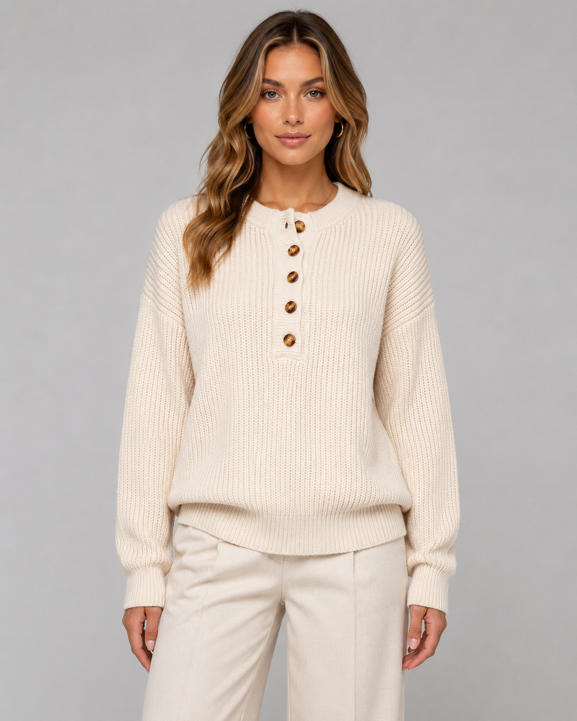 Ribbed Henley Sweater for Women with Button Placket