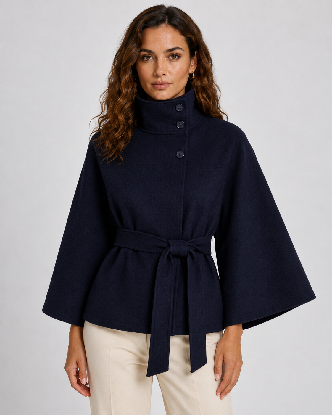 Women's Funnel Neck Belted Cape with Wide Sleeves