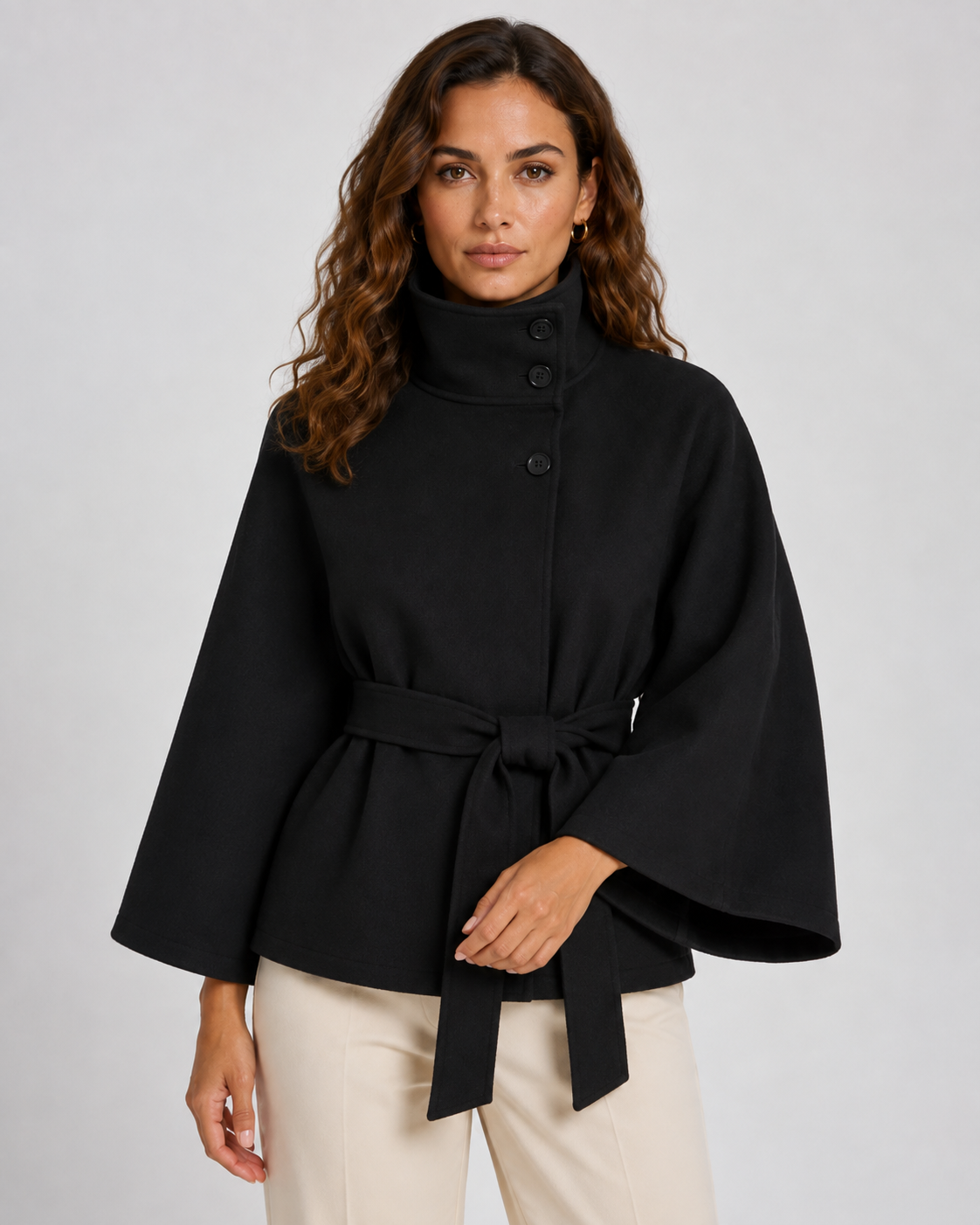 Women's Funnel Neck Belted Cape with Wide Sleeves