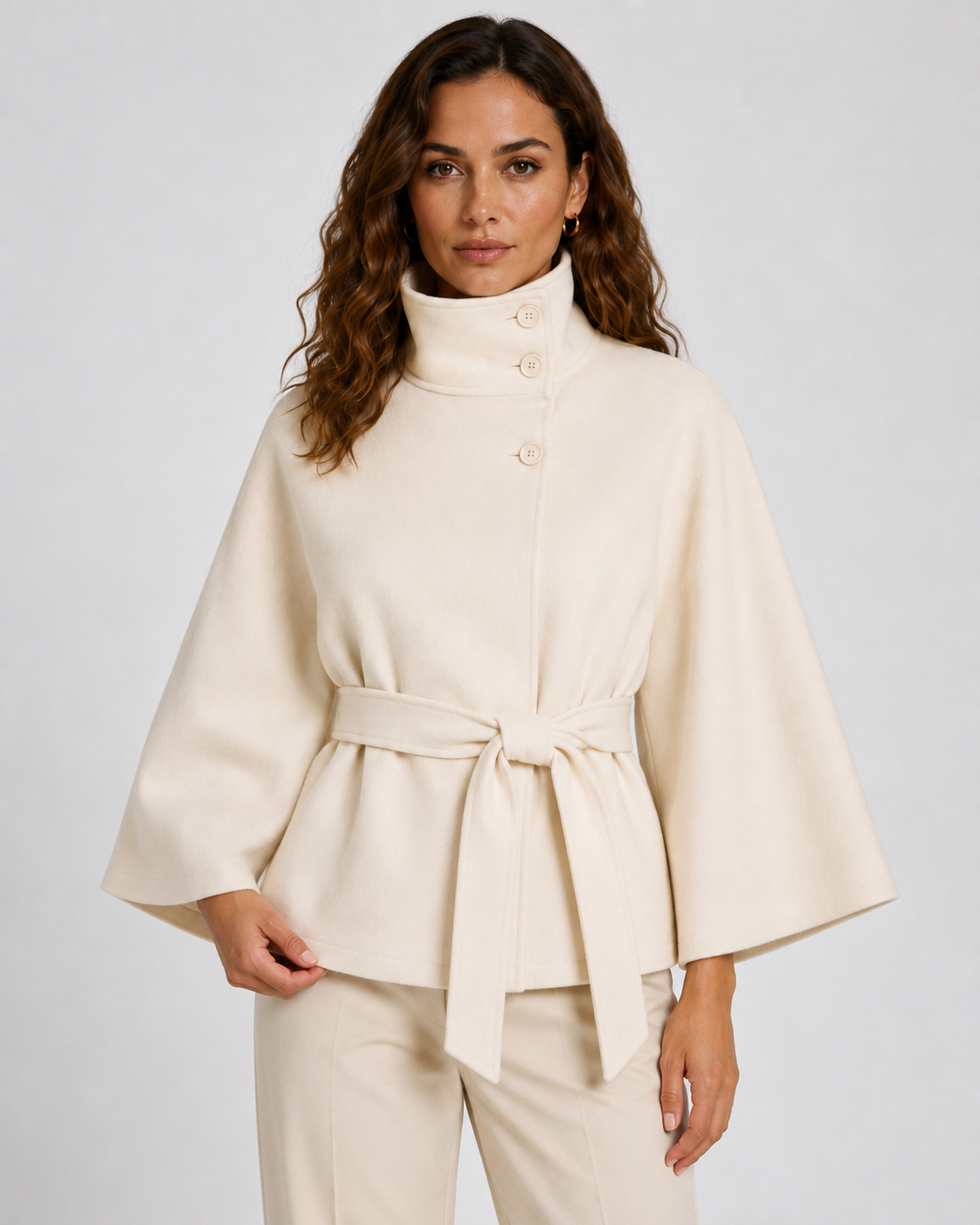 Women's Funnel Neck Belted Cape with Wide Sleeves
