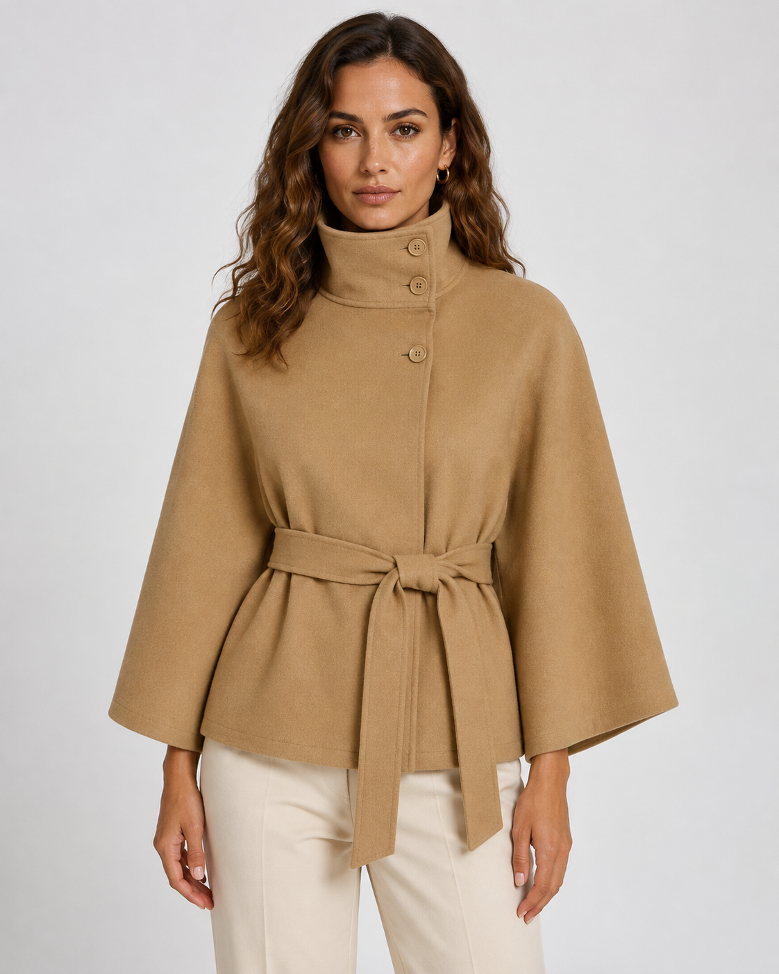 Women's Funnel Neck Belted Cape with Wide Sleeves