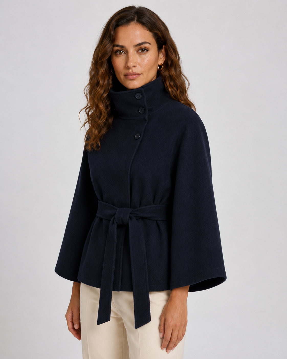 Women's Funnel Neck Belted Cape with Wide Sleeves