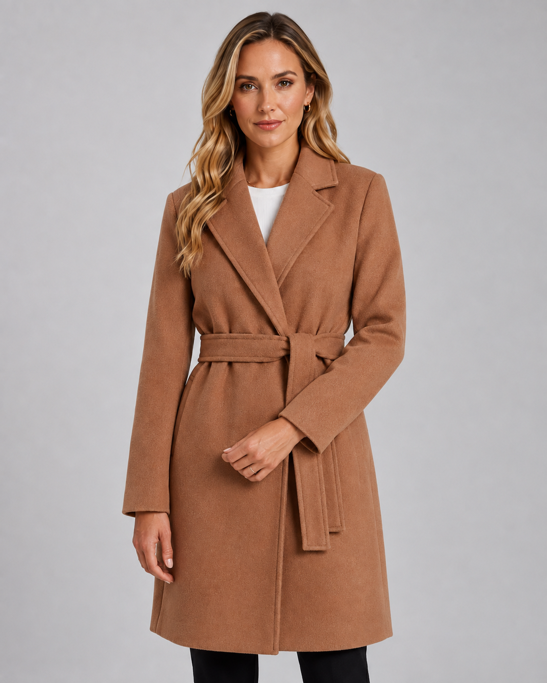 Women's Wrap Coat with Belted Tie Waist and Notched Lapel