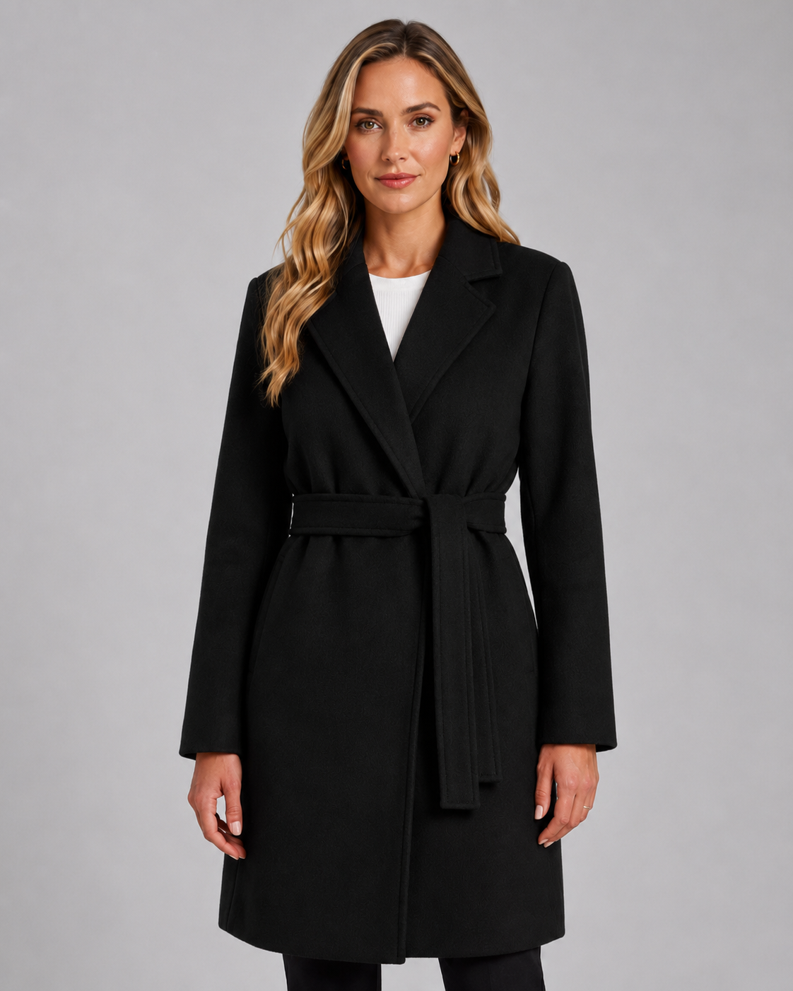 Women's Wrap Coat with Belted Tie Waist and Notched Lapel