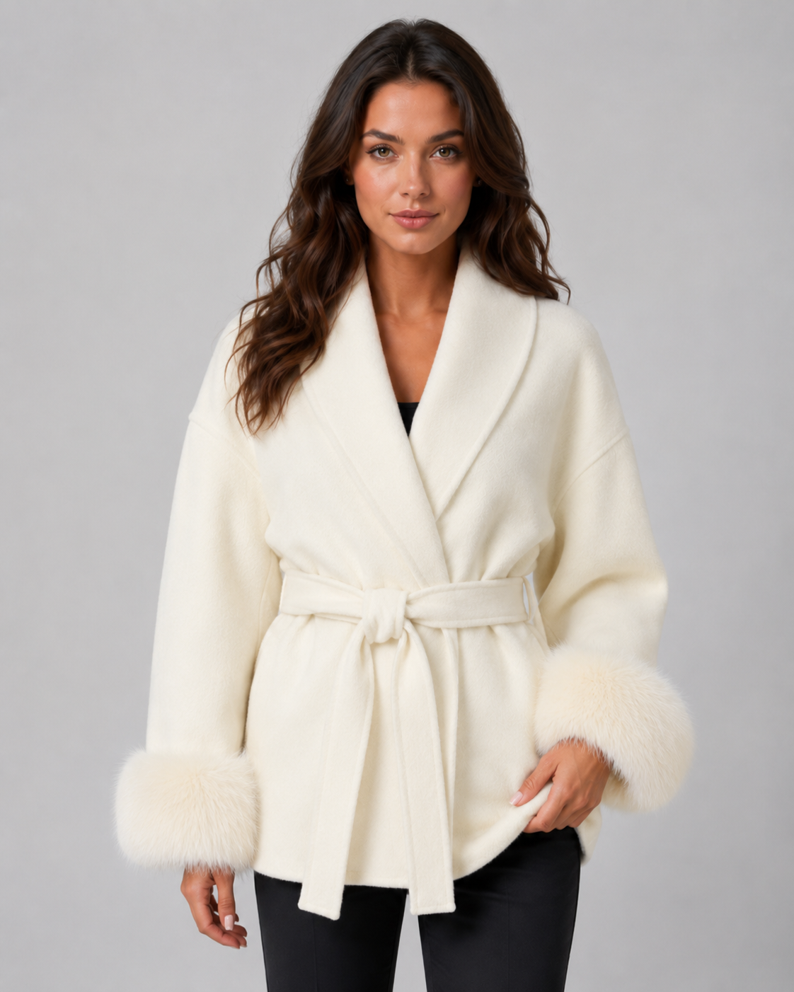 Women's Wrap Coat with Faux Fur Cuffs and Shawl Collar