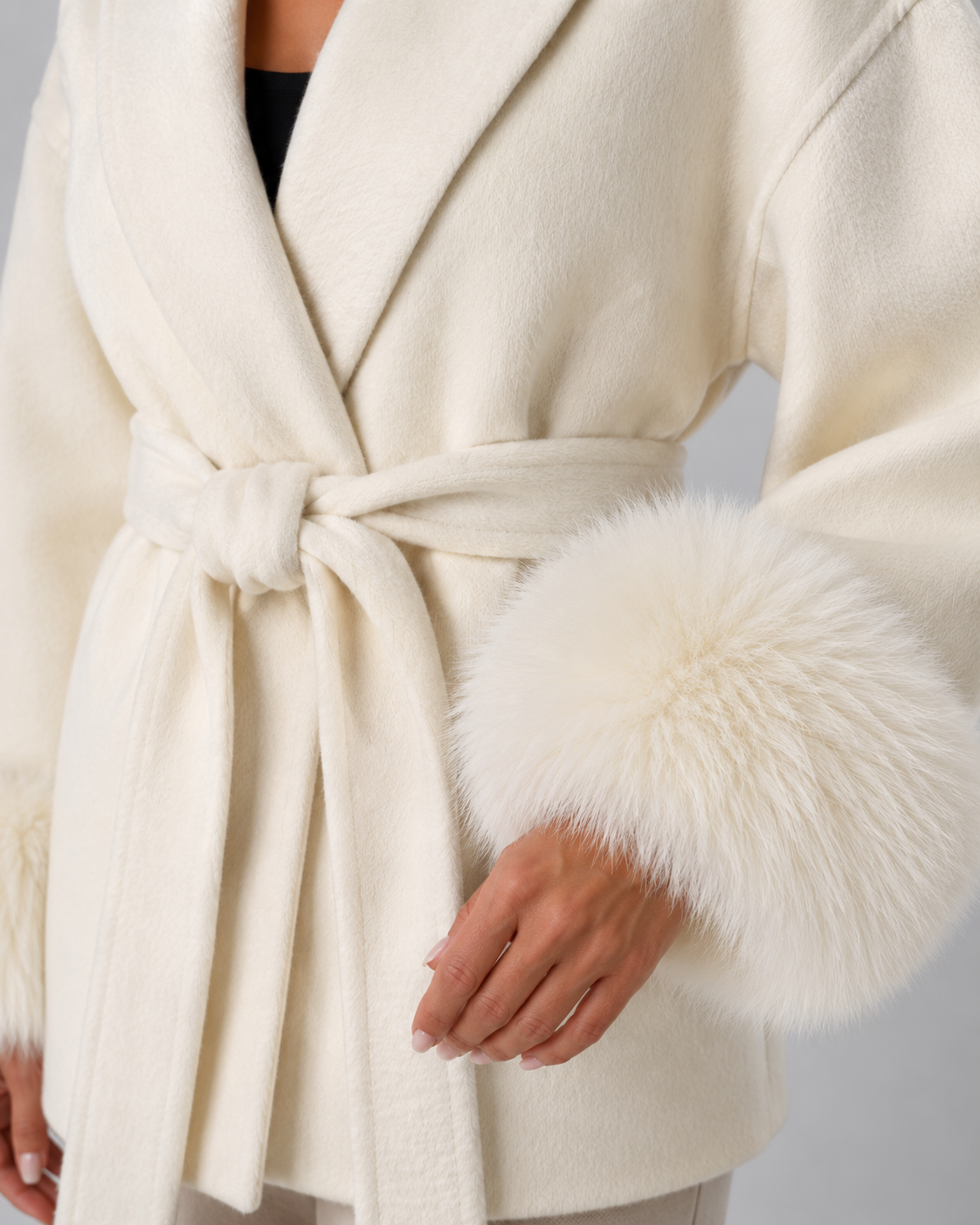 Women's Wrap Coat with Faux Fur Cuffs and Shawl Collar