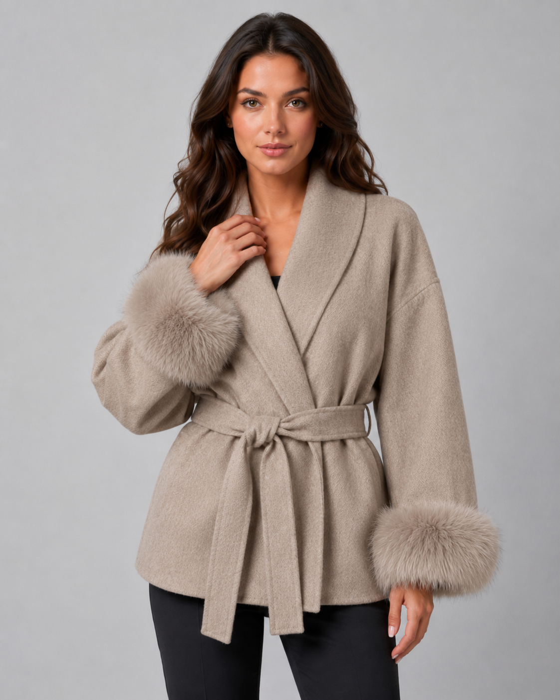 Women's Wrap Coat with Faux Fur Cuffs and Shawl Collar