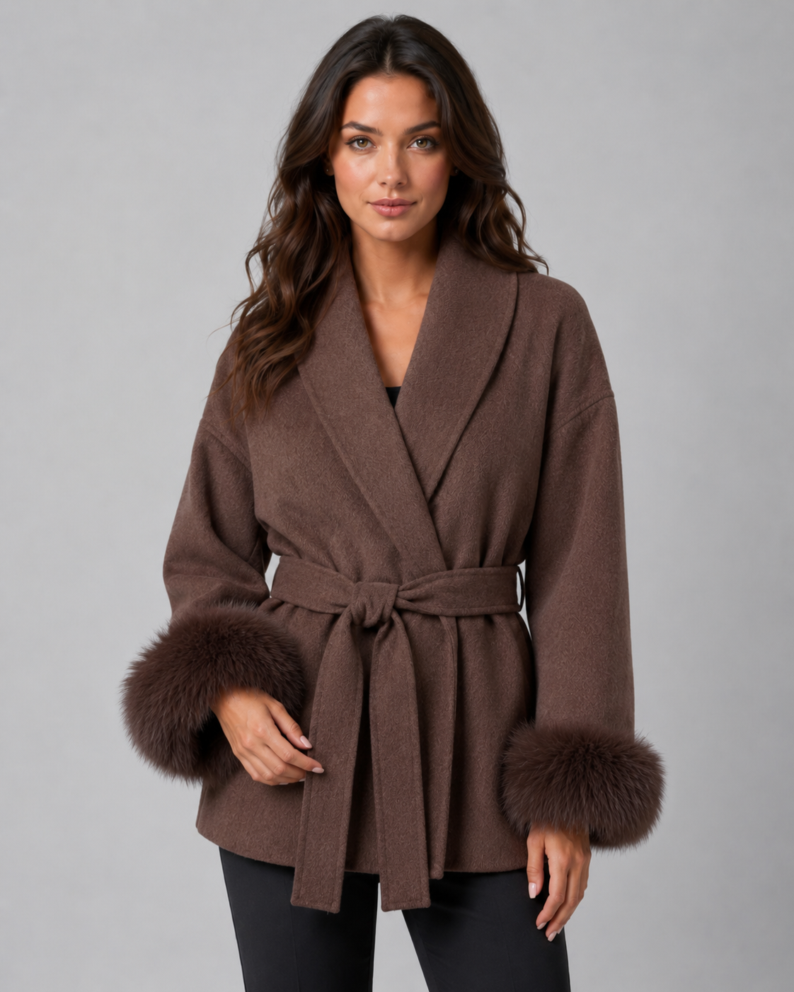 Women's Wrap Coat with Faux Fur Cuffs and Shawl Collar