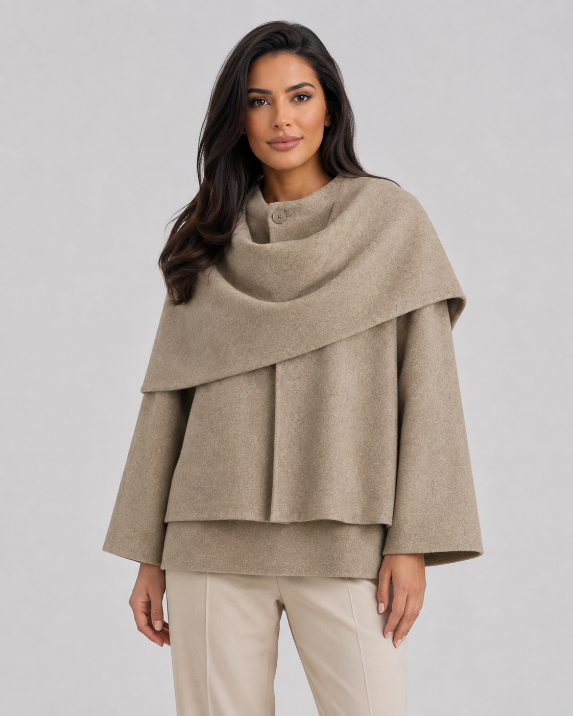 Women's Cape Collar Scarf Coat - Boxy Fit Draped Style