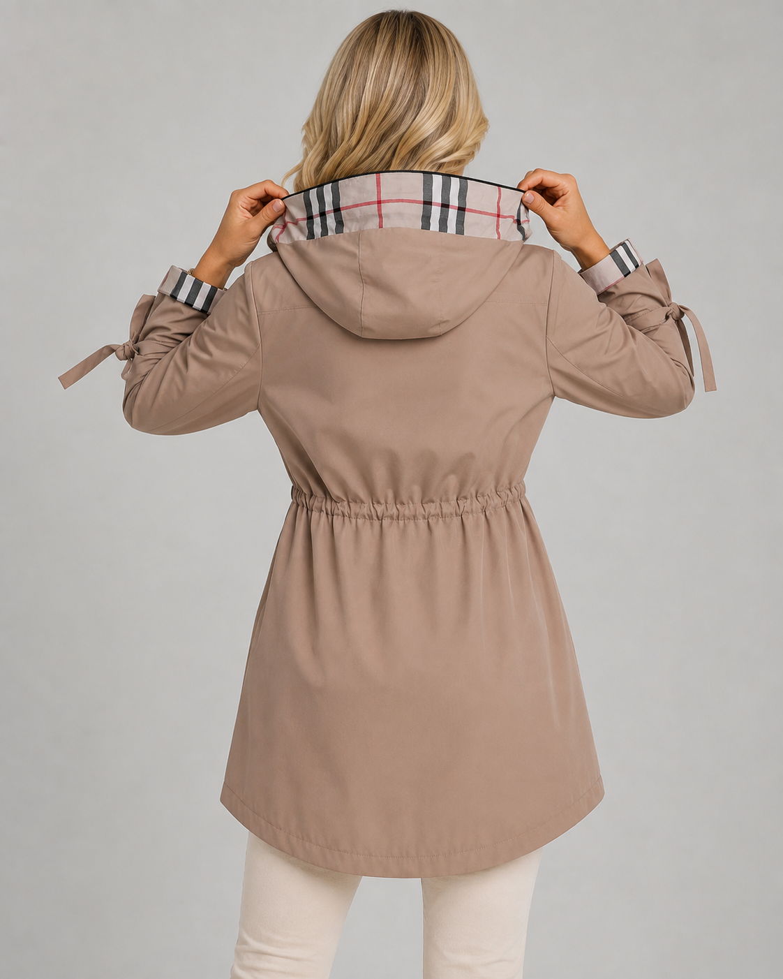 Women's Hooded Trench Coat with Check Lining & Adjustable Waist