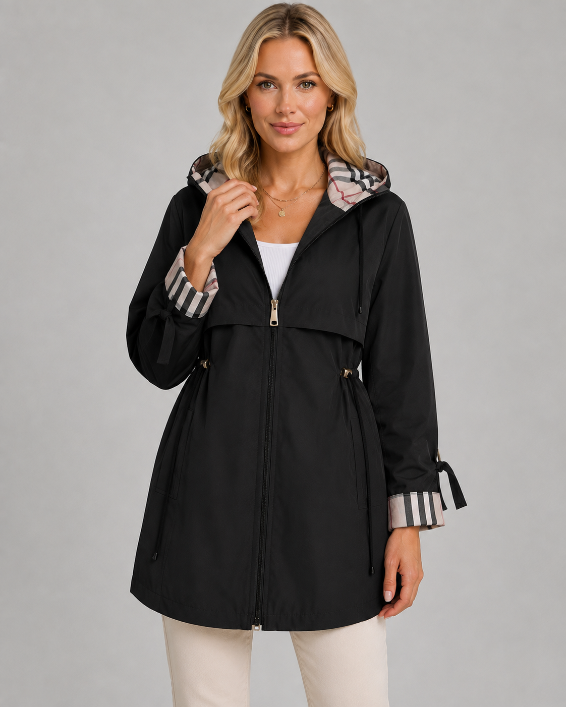 Women's Hooded Trench Coat with Check Lining & Adjustable Waist