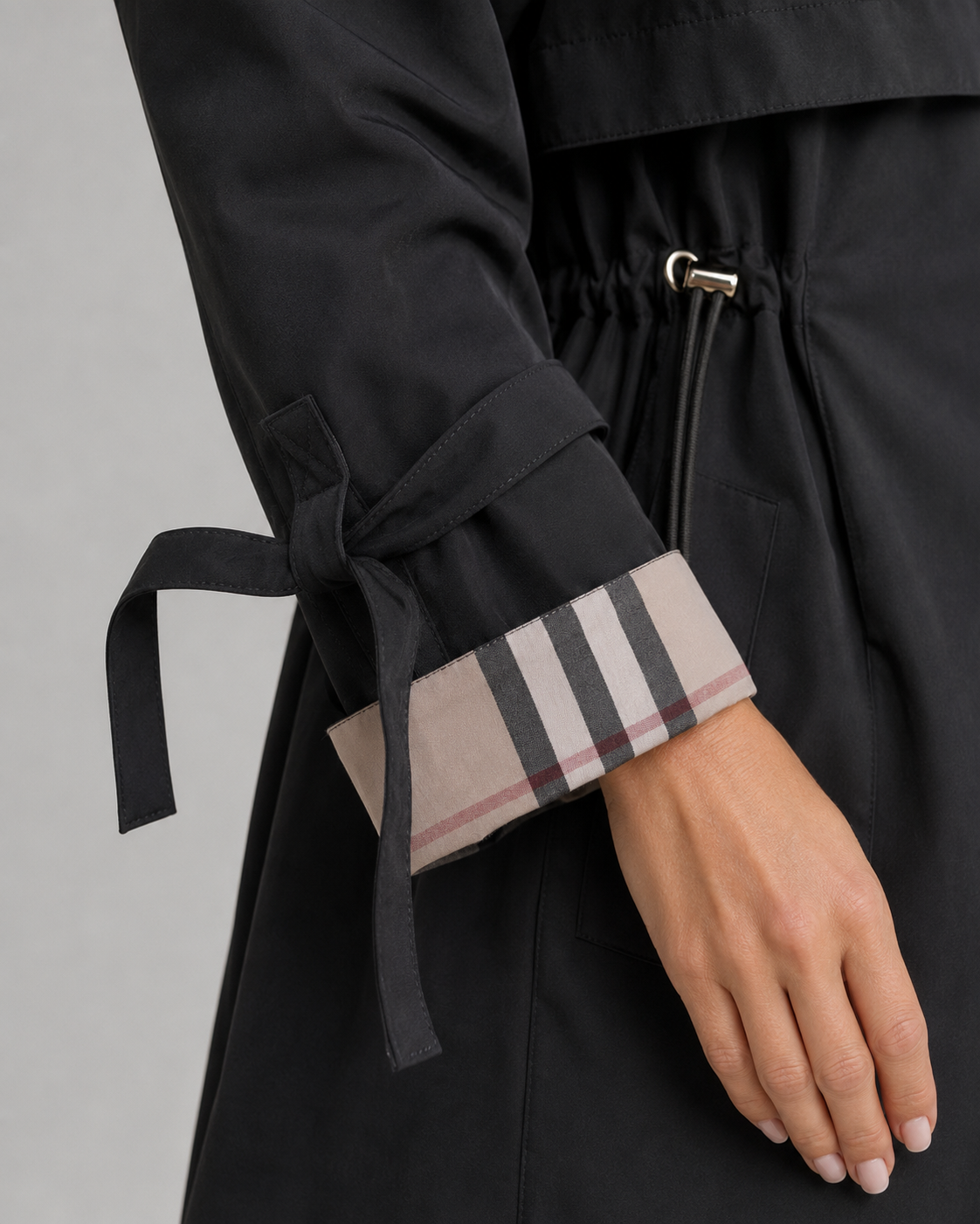 Women's Hooded Trench Coat with Check Lining & Adjustable Waist