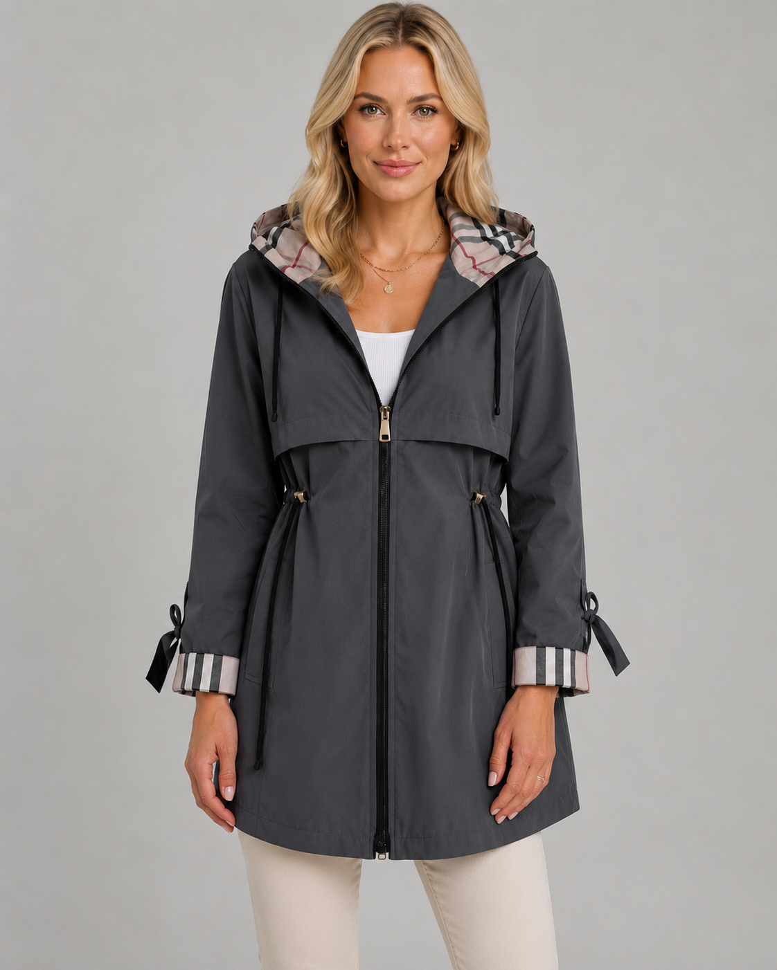 Women's Hooded Trench Coat with Check Lining & Adjustable Waist