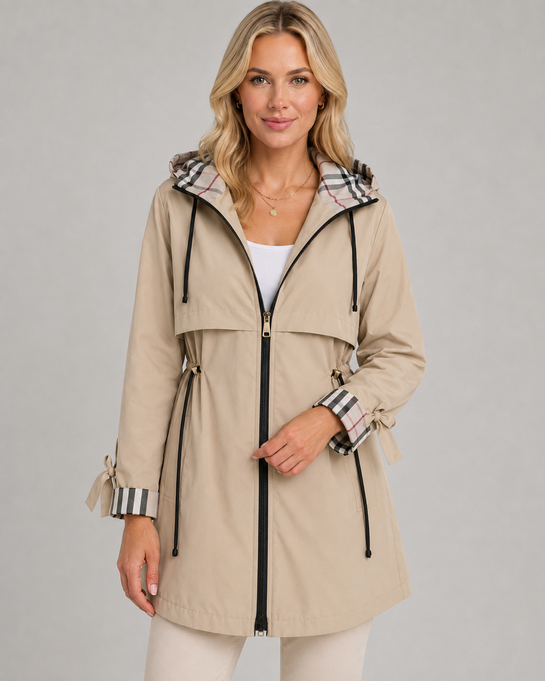 Women's Hooded Trench Coat with Check Lining & Adjustable Waist