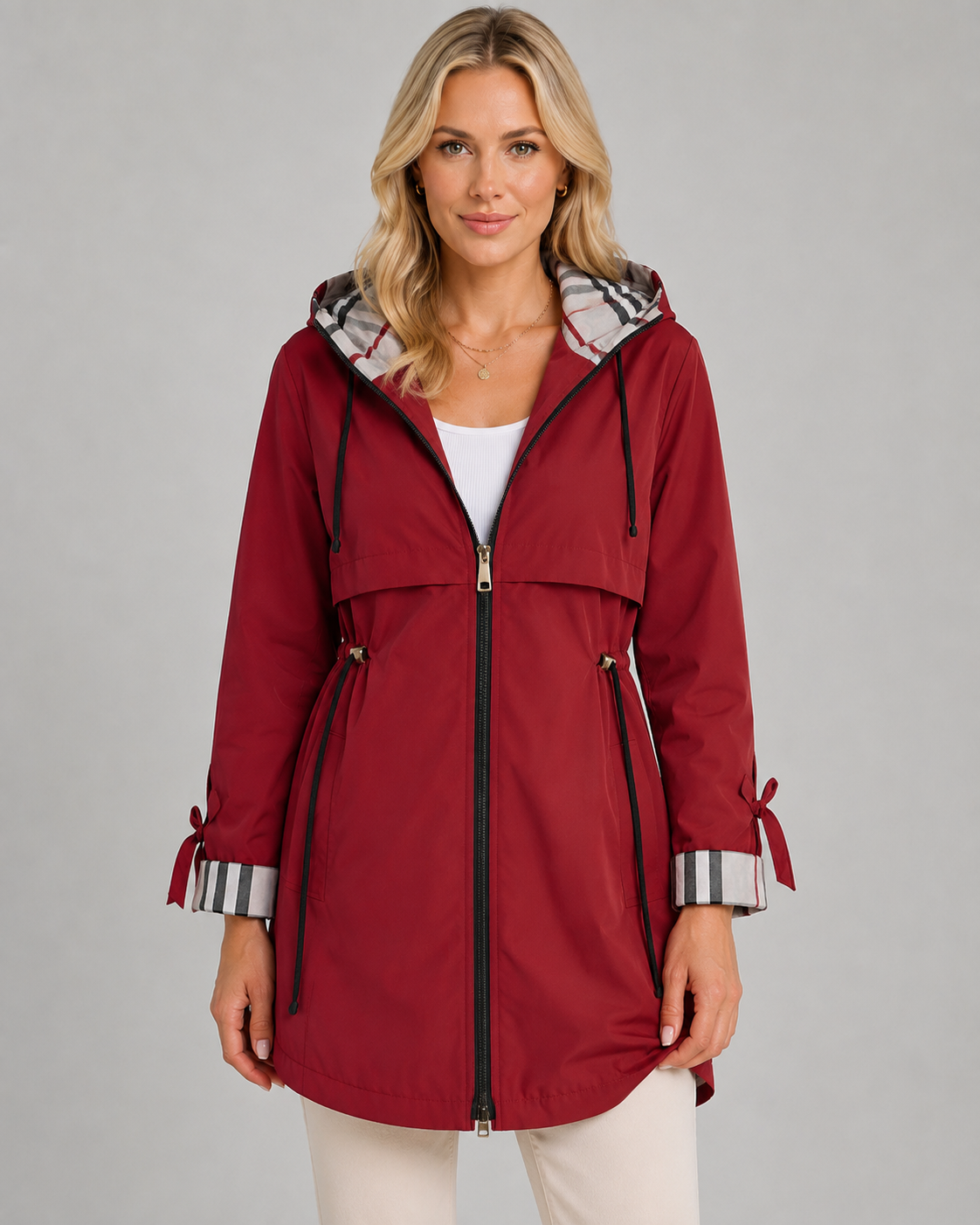 Women's Hooded Trench Coat with Check Lining & Adjustable Waist