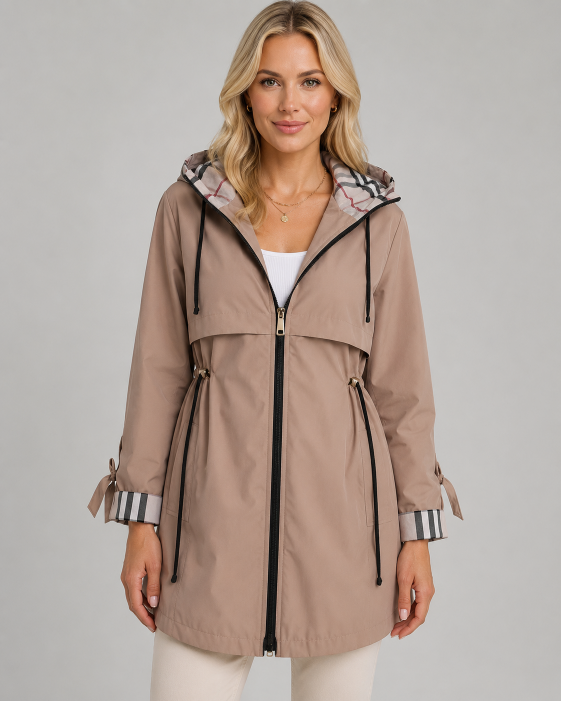 Women's Hooded Trench Coat with Check Lining & Adjustable Waist