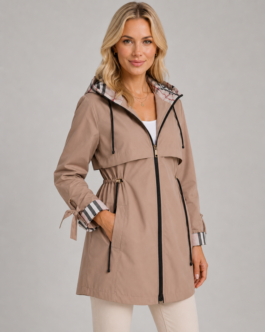 Women's Hooded Trench Coat with Check Lining & Adjustable Waist