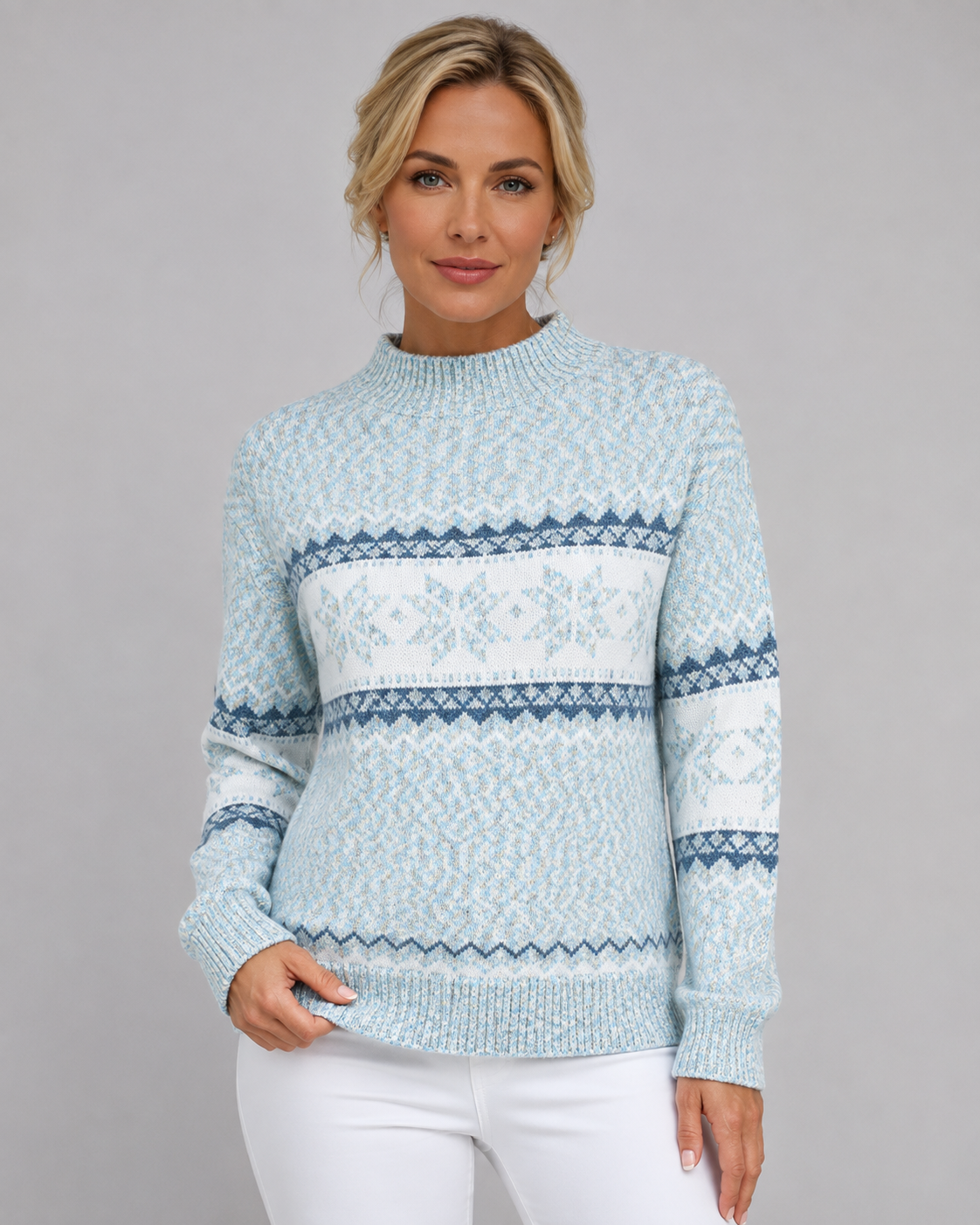 Women's Ribbed Mock Neck Fair Isle Sweater