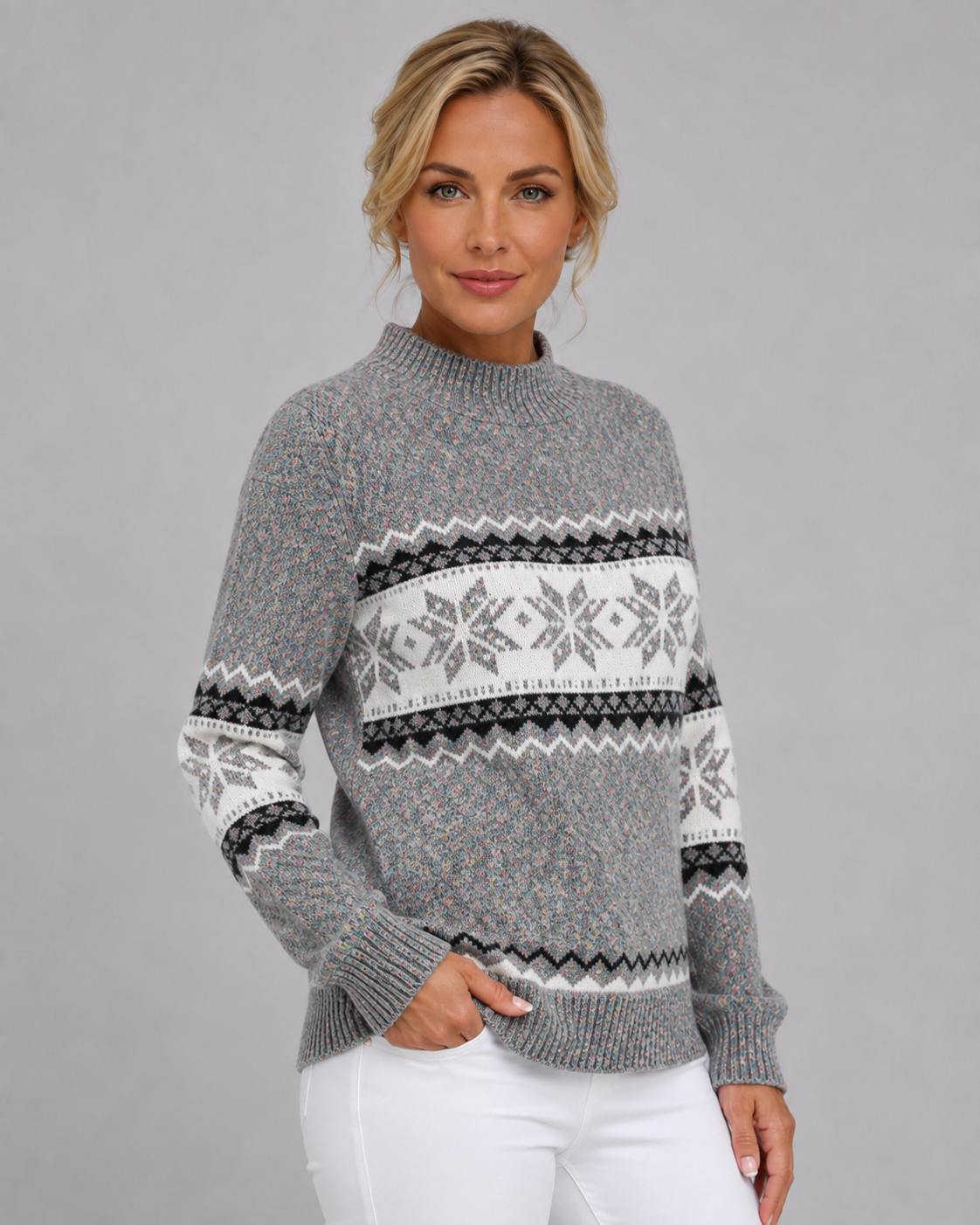 Women's Ribbed Mock Neck Fair Isle Sweater