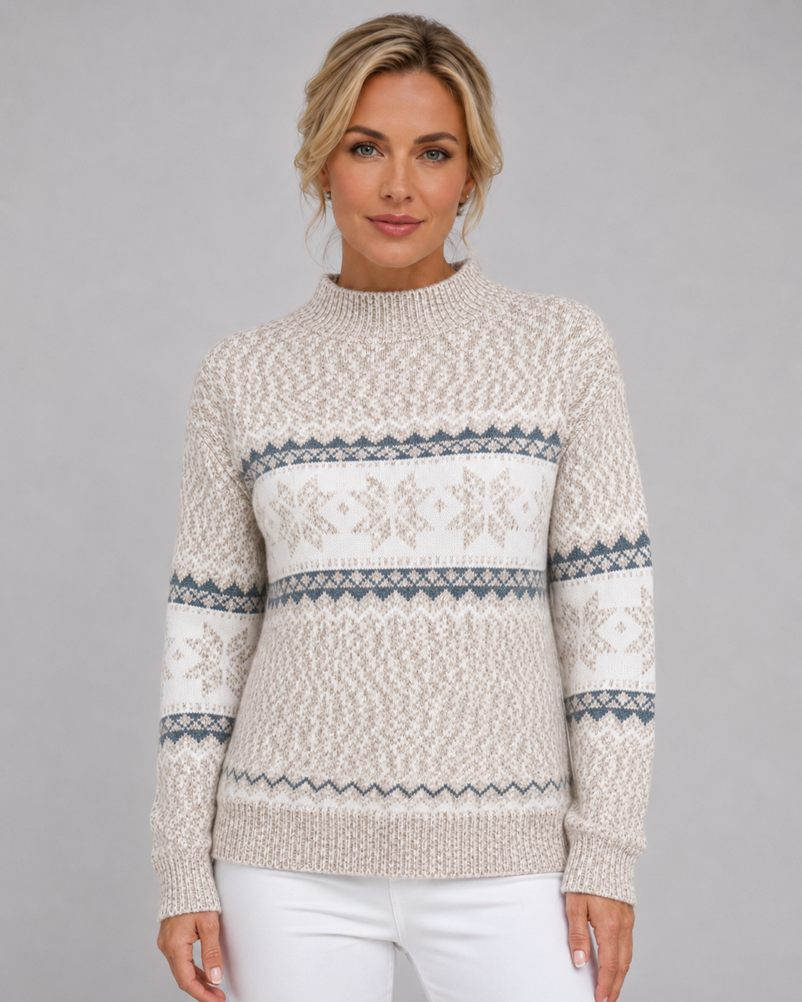 Women's Ribbed Mock Neck Fair Isle Sweater