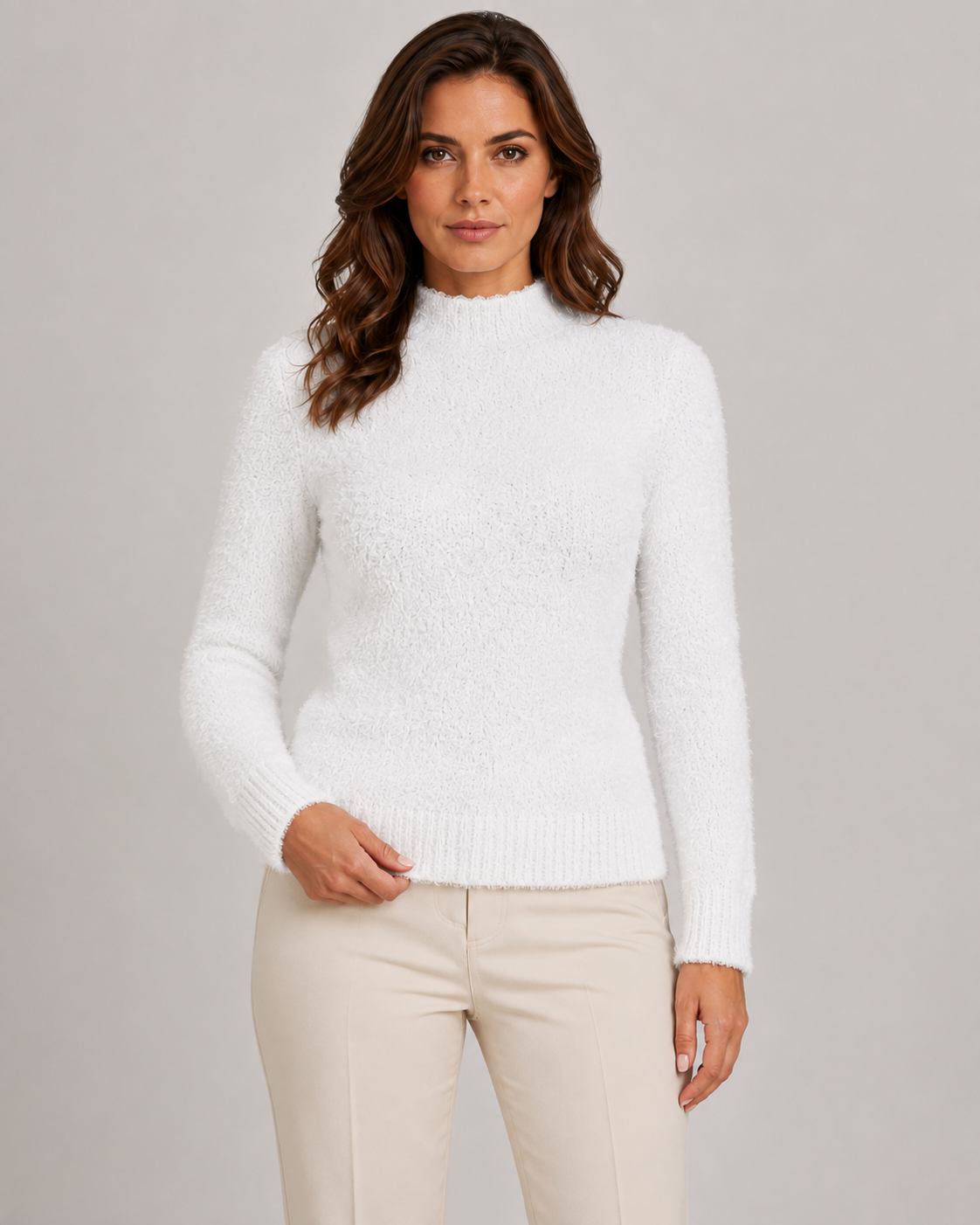 Fluffy Mock Neck Sweater - Fitted Long Sleeve for Women