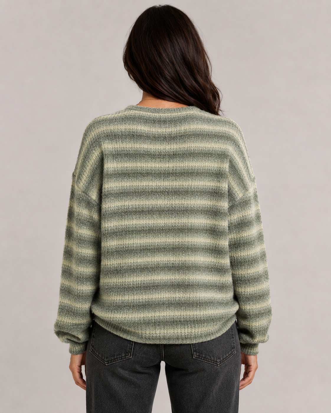 Fuzzy Striped Crew Neck Sweater - Women's Relaxed Fit