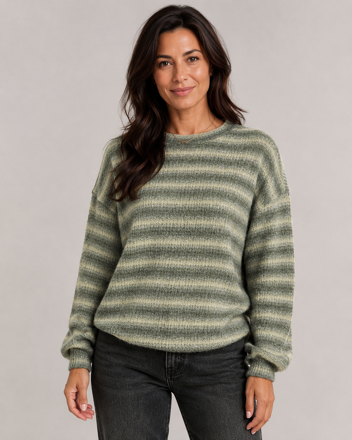 Fuzzy Striped Crew Neck Sweater - Women's Relaxed Fit