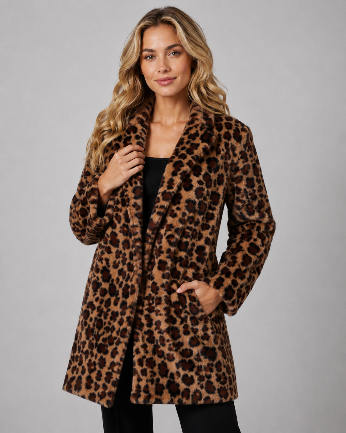 Leopard Print Faux Fur Longline Coat for Women