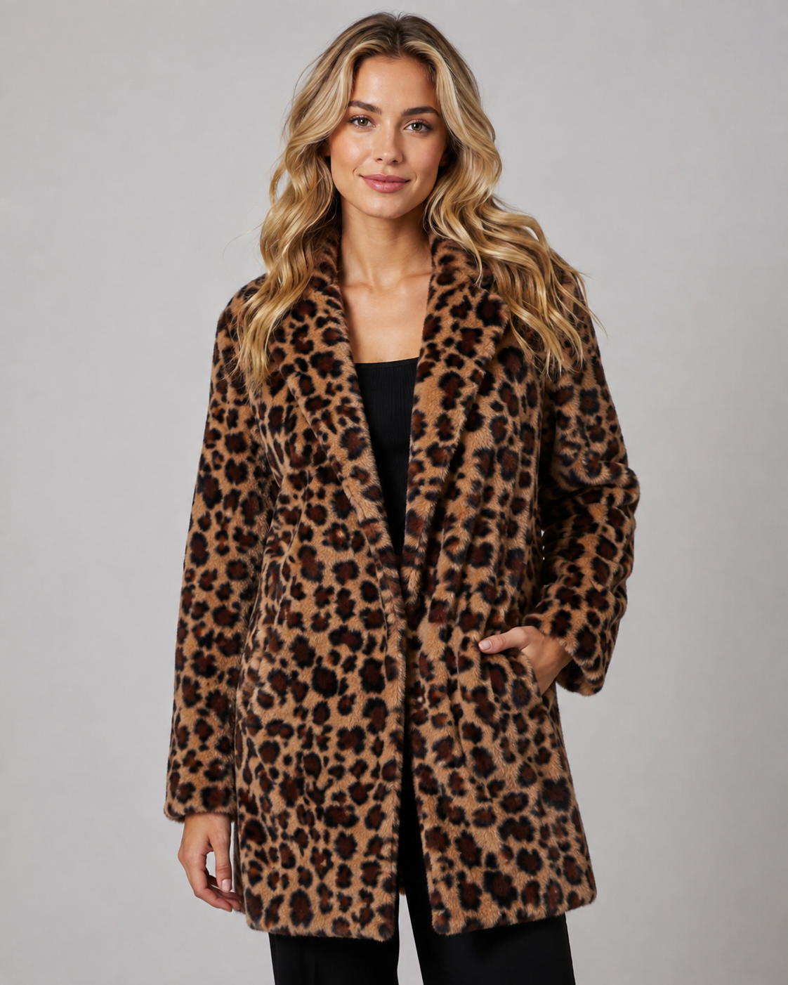 Leopard Print Faux Fur Longline Coat for Women
