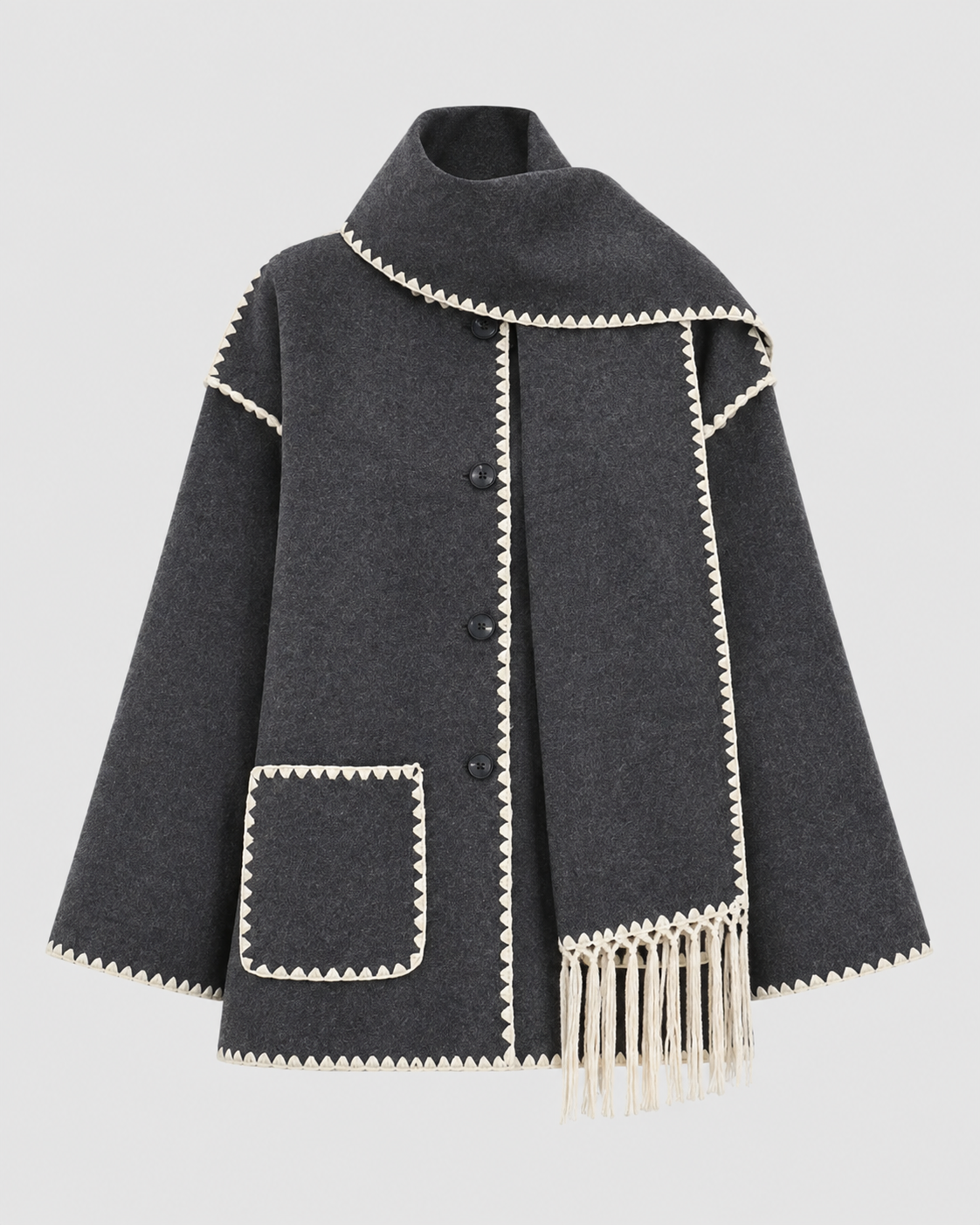 Women's Oversized Fringe Scarf Coat with Whipstitch Detail