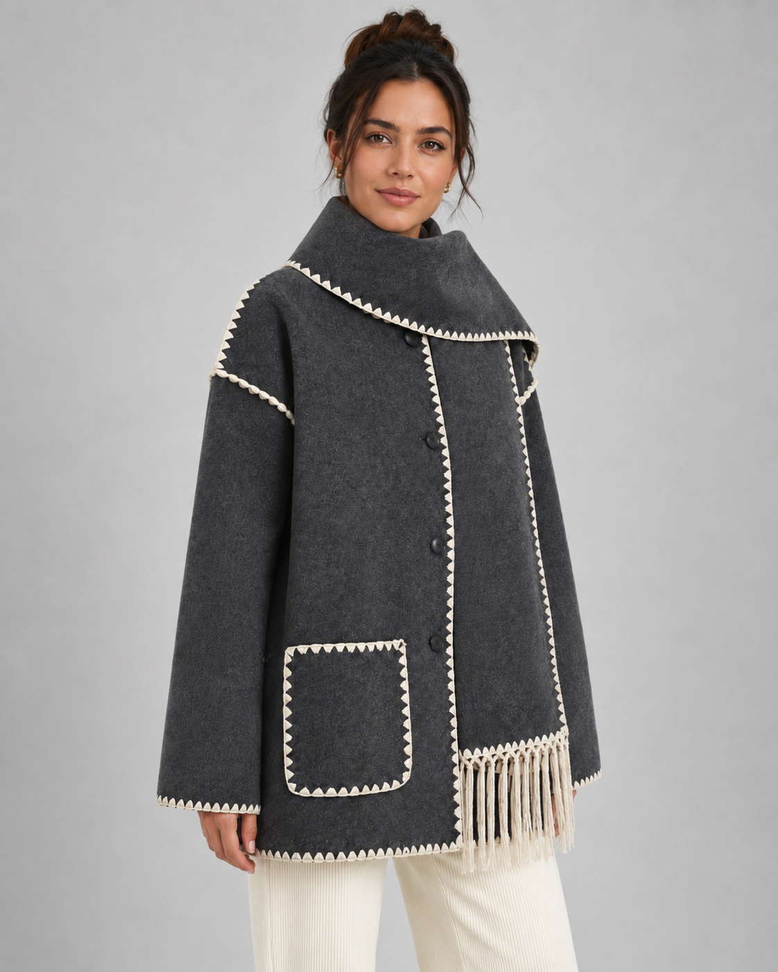 Women's Oversized Fringe Scarf Coat with Whipstitch Detail