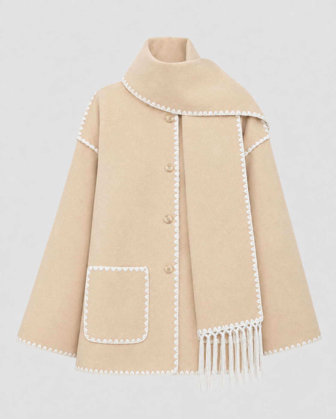 Women's Oversized Fringe Scarf Coat with Whipstitch Detail