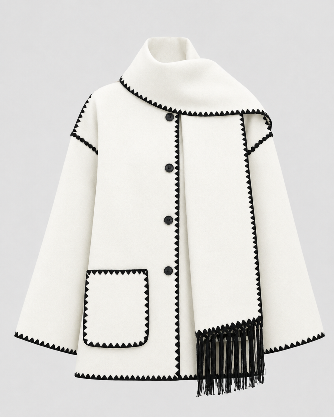 Women's Oversized Fringe Scarf Coat with Whipstitch Detail