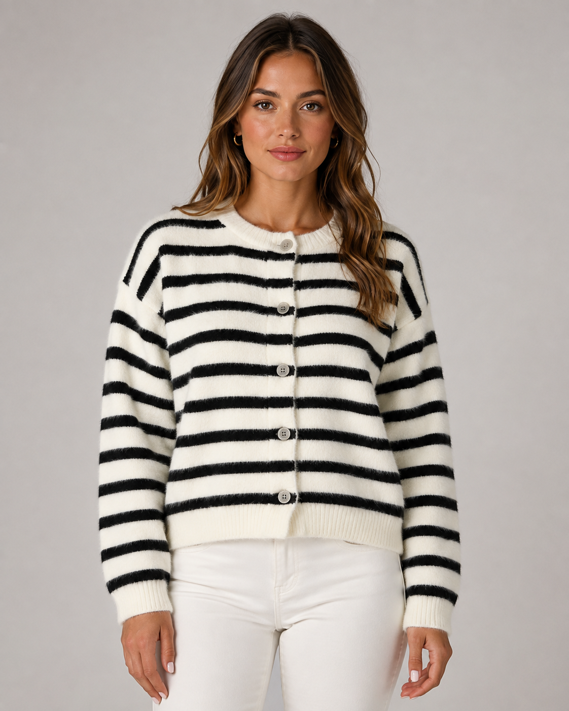 Striped Button-Front Cardigan - Relaxed Knit for Women