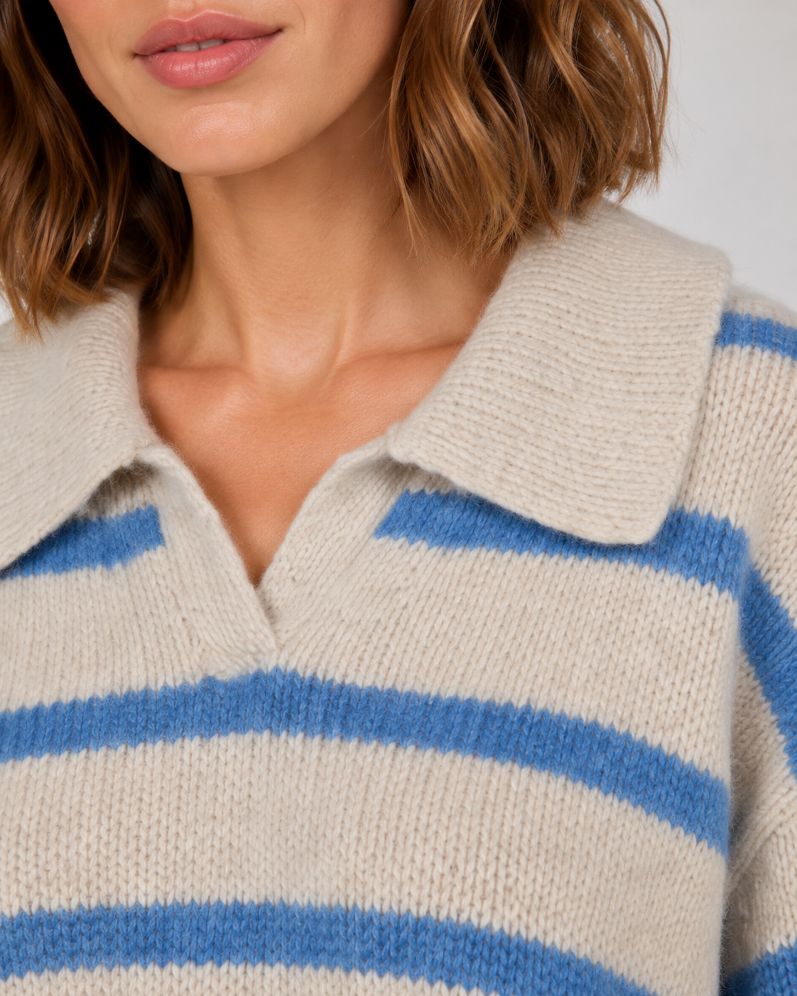 Striped Polo Collar Sweater - Women's Relaxed Fit