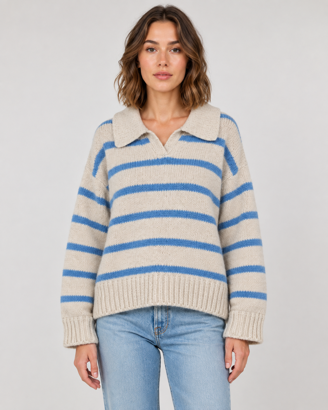 Striped Polo Collar Sweater - Women's Relaxed Fit