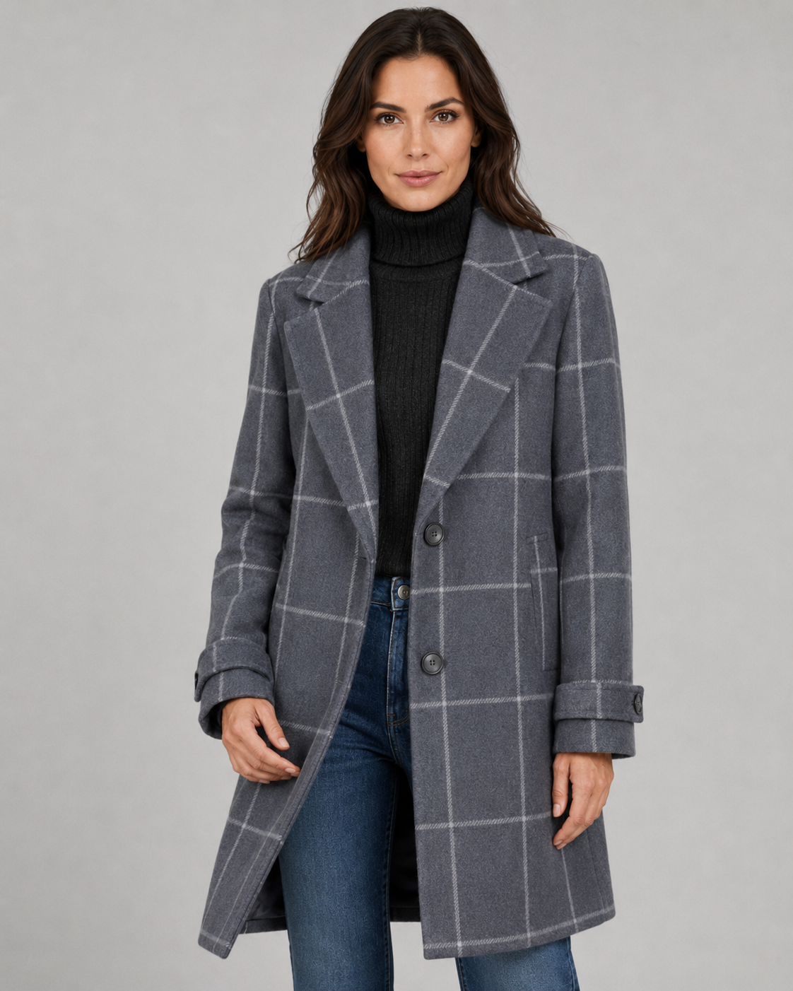 Women's Long Tailored Winter Coat with Windowpane Check
