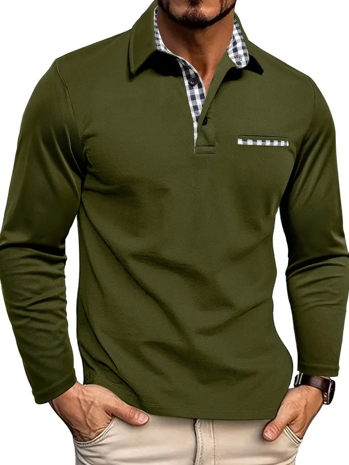 Men's Check Pattern Long Sleeve Polo Shirt - Relaxed Fit