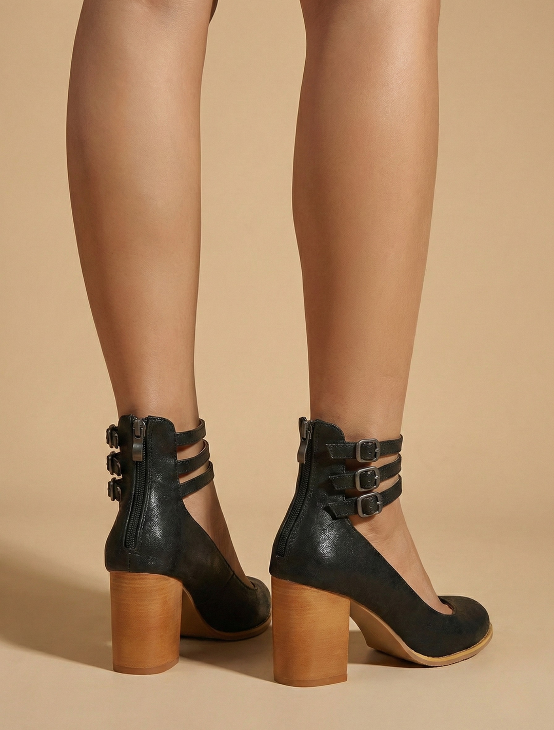 Women's Round Toe Block Heels - Triple Ankle Straps