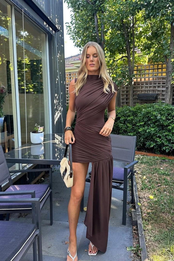 Women's Ruched Brown Mini Dress - Casual Evening