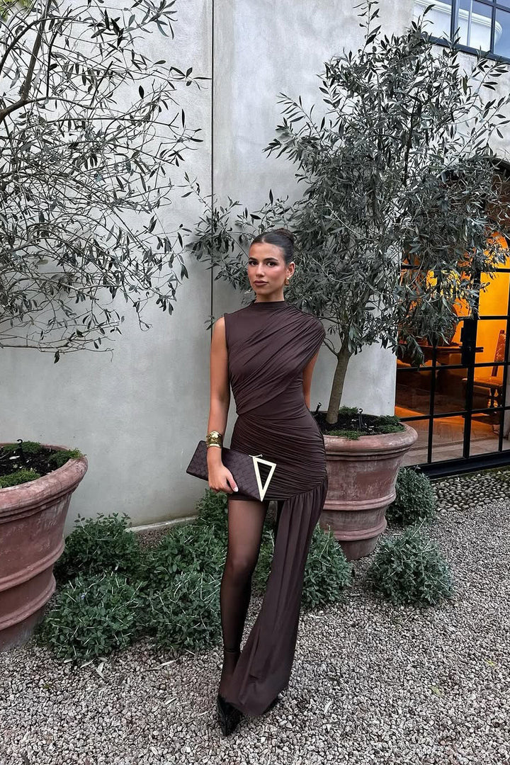 Women's Ruched Brown Mini Dress - Casual Evening