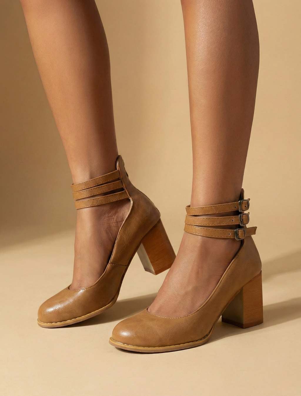 Women's Round Toe Block Heels - Triple Ankle Straps