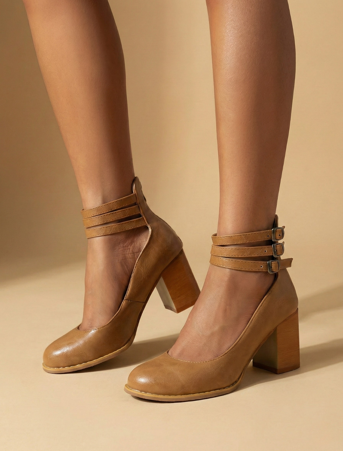 Women's Round Toe Block Heels - Triple Ankle Straps