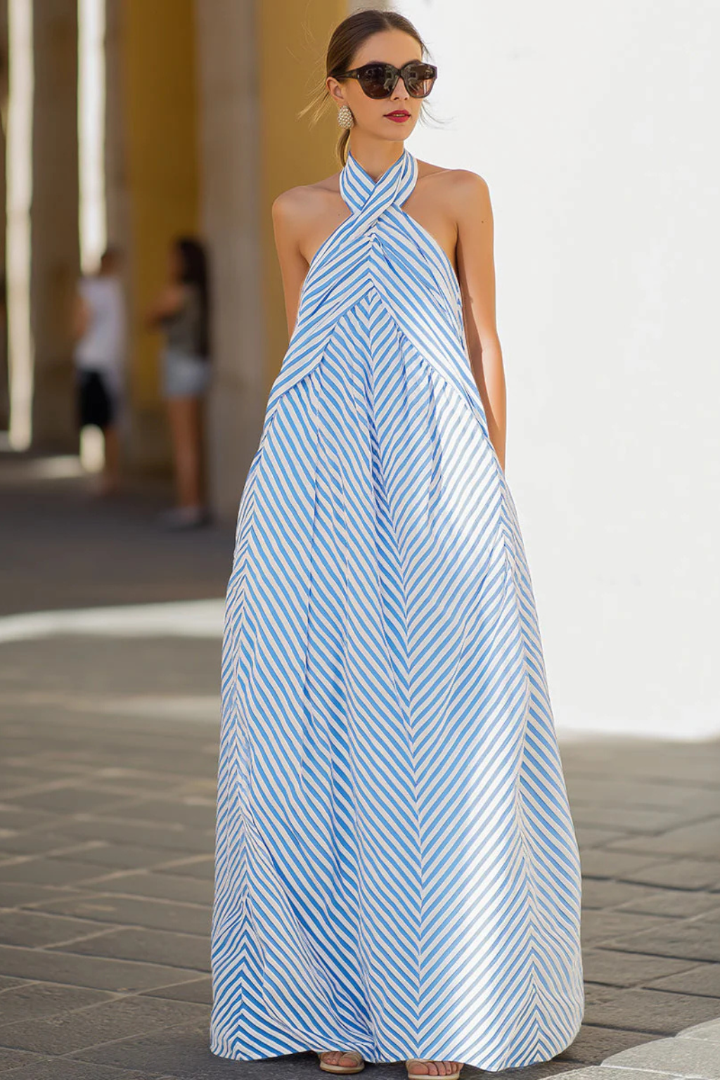 Women's Striped Halter Neck Chiffon Maxi Dress - Summer Beach