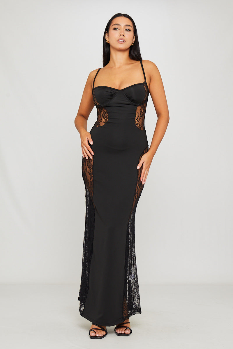 Women's Strappy Maxi Dress with Black Lace Side Detail