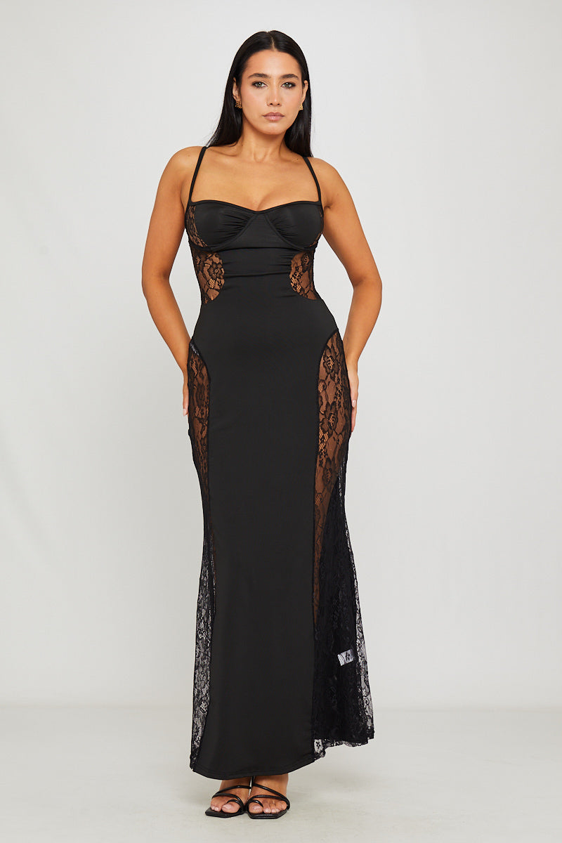 Women's Strappy Maxi Dress with Black Lace Side Detail
